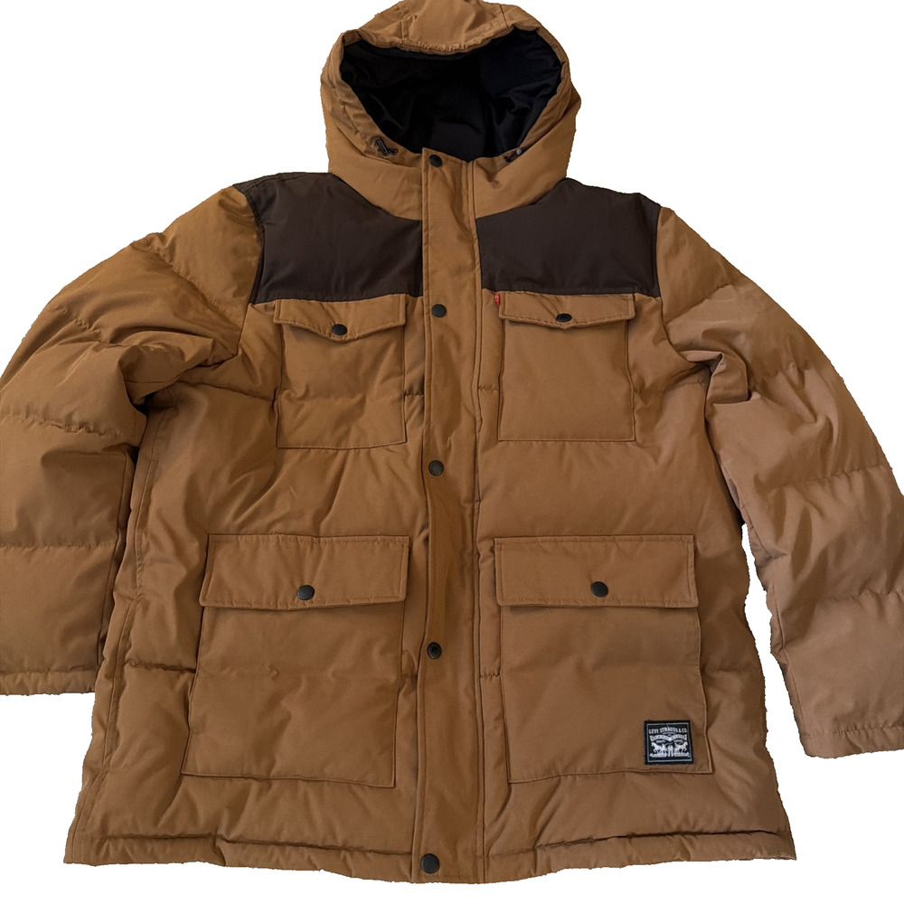 Levi's Men's Quilted 4 Pocket Parka Hooded Jacket Coat Brown Mens XXL Work Chore